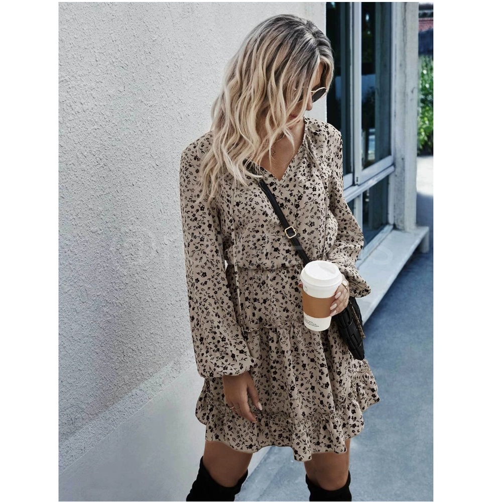 Ditsy Floral Black on Beige Mini Dress Flared Long Bishop Sleeve - Picture 4 of 8